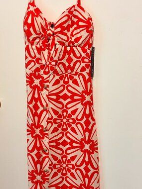 As U Wish Floral Geometric Midi Dress NWT Large Orange Red Sweetheart Sundress
